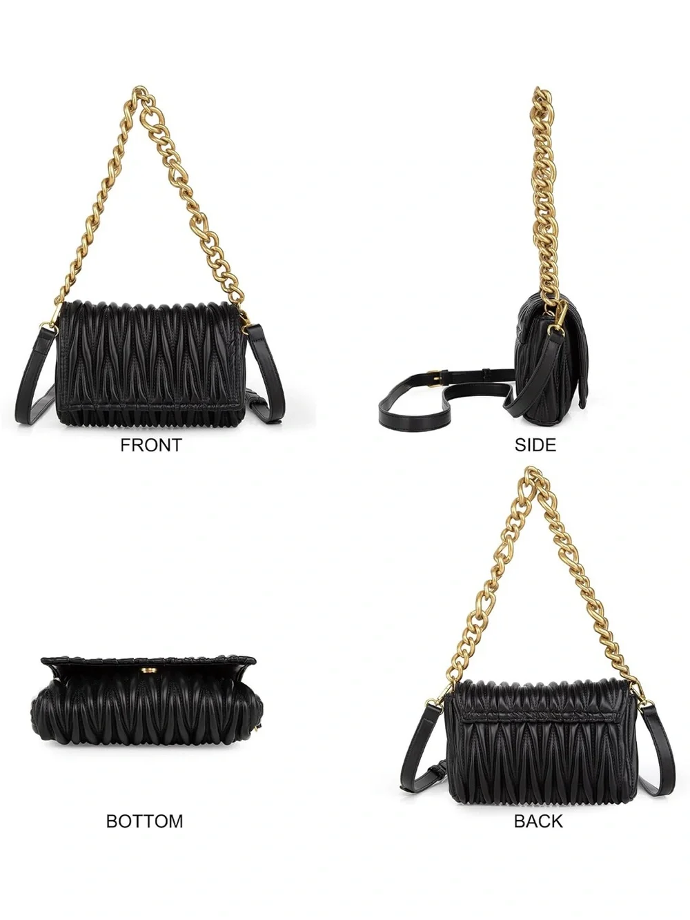 Montana West Black Quilted Leather Shoulder Bag with Gold Chain